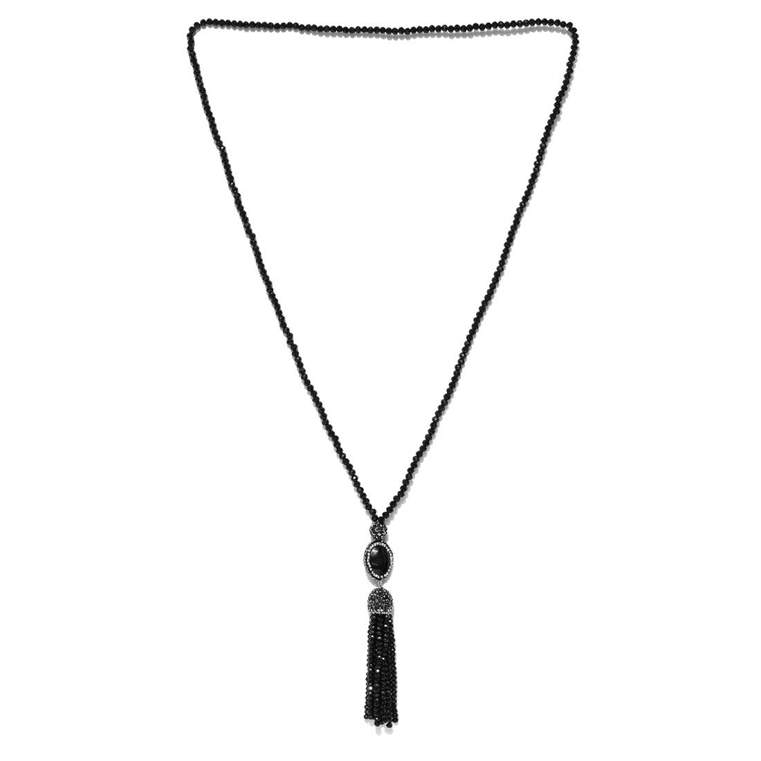 Beaded & Crystal Silver Tassel Necklace for Women